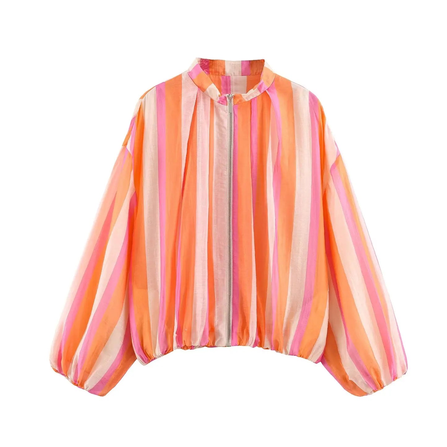 TFMLN Women's Bomber Jacket Multicolored Striped Long Sleeves Loose Jackets High Collar Striped Zipper Jackets and Elastic Trims