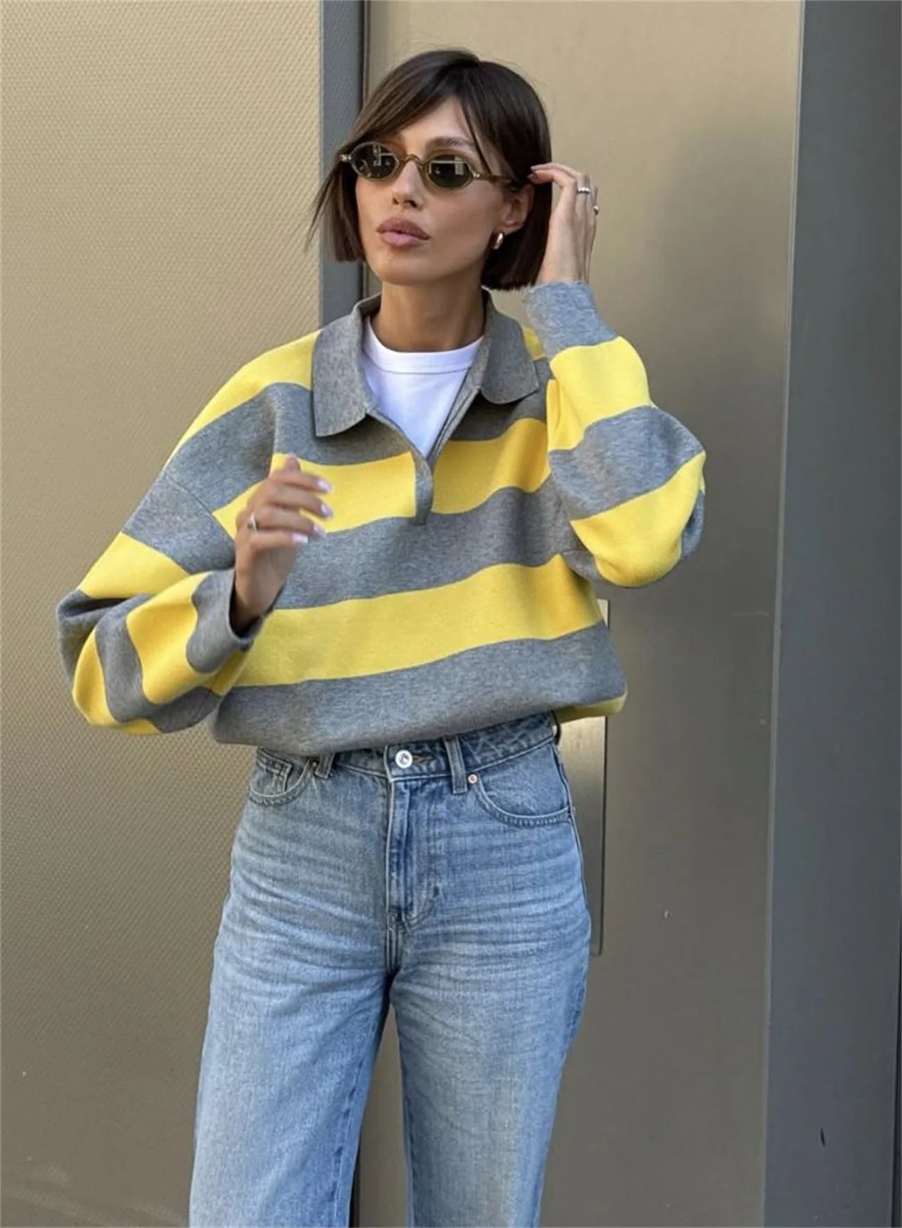2026 Autumn Winter Two-tone Striped Turn-down Collar Pullovers Women Fashion Long Sleeve Knit Sweaters