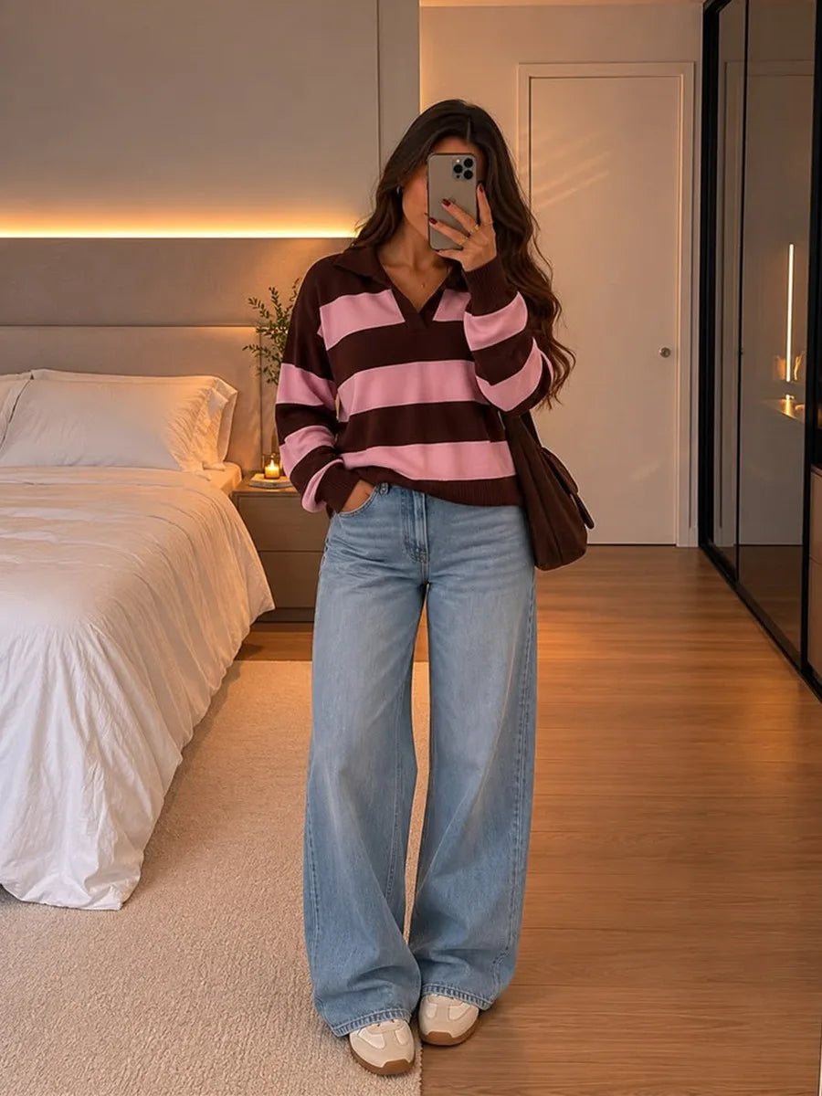 2026 Autumn Winter Two-tone Striped Turn-down Collar Pullovers Women Fashion Long Sleeve Knit Sweaters