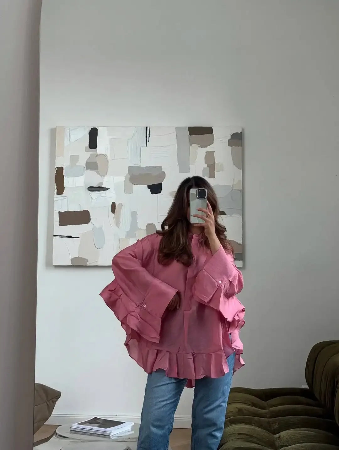 Women Solid Elegant Chiffon Ruffled Shirt Fashion Pink Single Breasted Loose Casual Shirts Lady Daily Chic Commute Office Tops