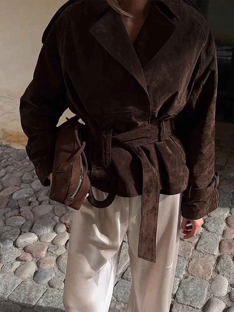 Fashion Suede Women's Jacket With Belt Brown Full Sleeve Turn-down Collar Lace Up Female Jackets 2026 Autumn Winter Lady Outwear