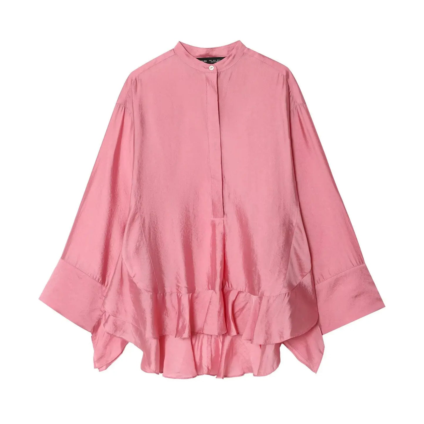 KADUWAKI Classic Solid Color Round Neck Layered Ruffle Edge Long Sleeved Shirt Fashion Single Breasted Casual Commuting Top