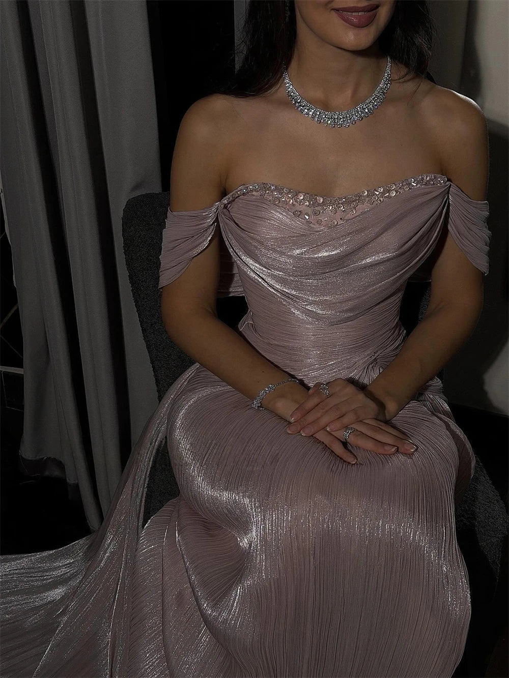 Robe de bal Mila personnalisée, violette, à épaules dénudées, ornée de perles scintillantes, coupe trapèze, élégante, formelle, longue, pour soirée, Vestidos De Fiesta
