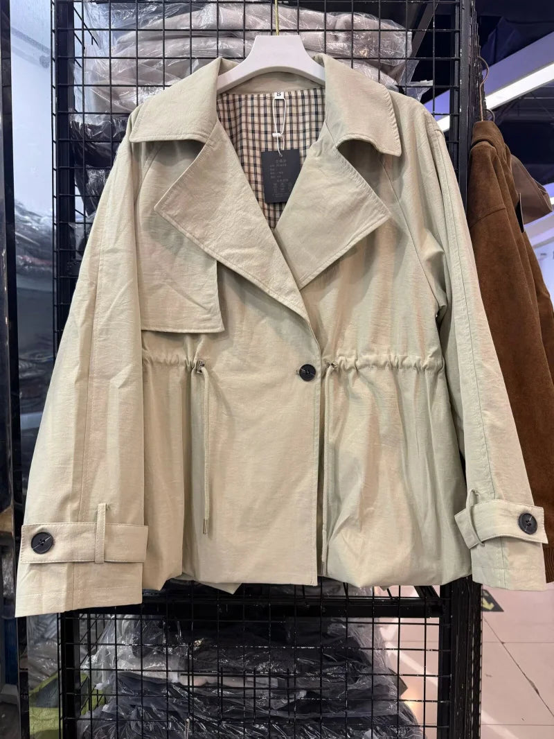 ETJ 2026 Women Casual Trench Coat Short Style Drawstring Waist Jacket Fashion Office Lady Spring Autumn Coat