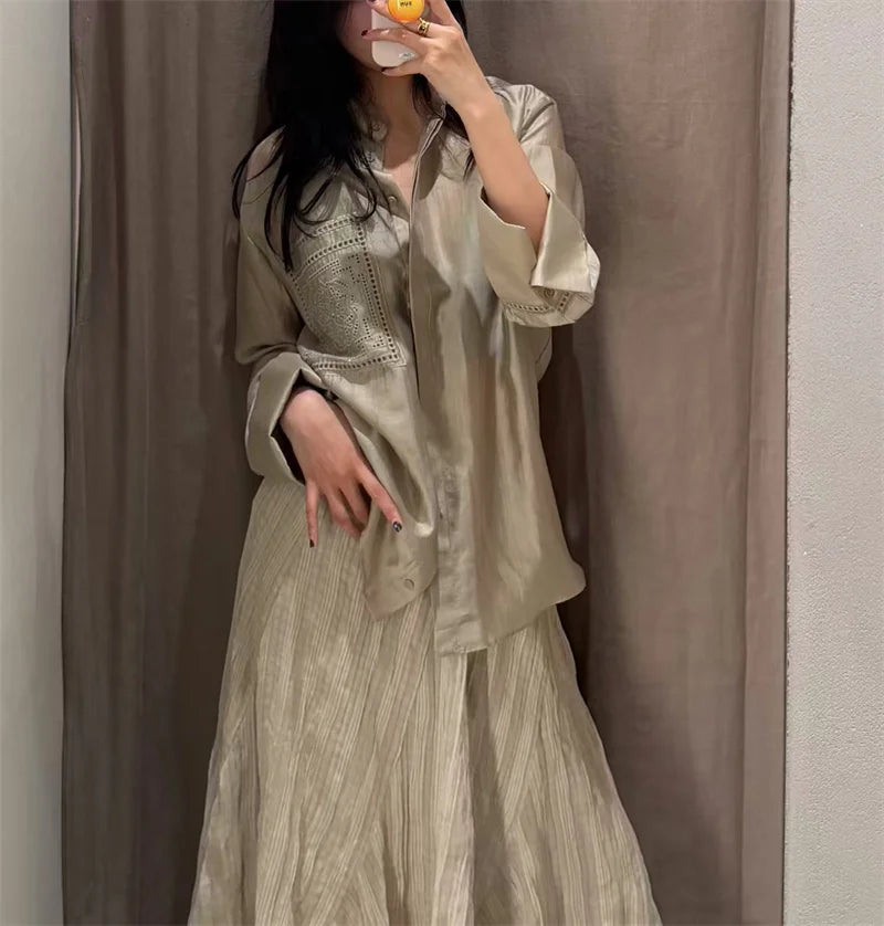 Guobioziy Women's Shirt 2026 Summer New Solid Color Long Sleeve Embroidered Pocket Loose Shirt Elegant Stylish Simple Fashion