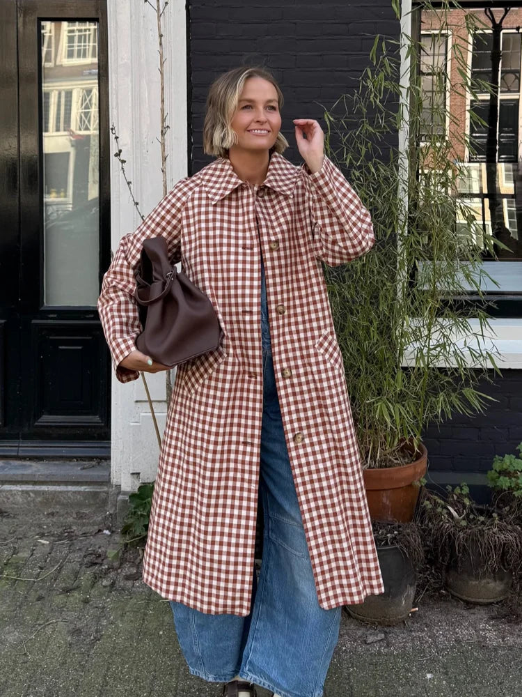Red Plaid Long Trench Coat Casual Lapel Single Breasted Full Sleeve Windbreaker Jacket Y2k 2026 Autumn New Lady Streetwear