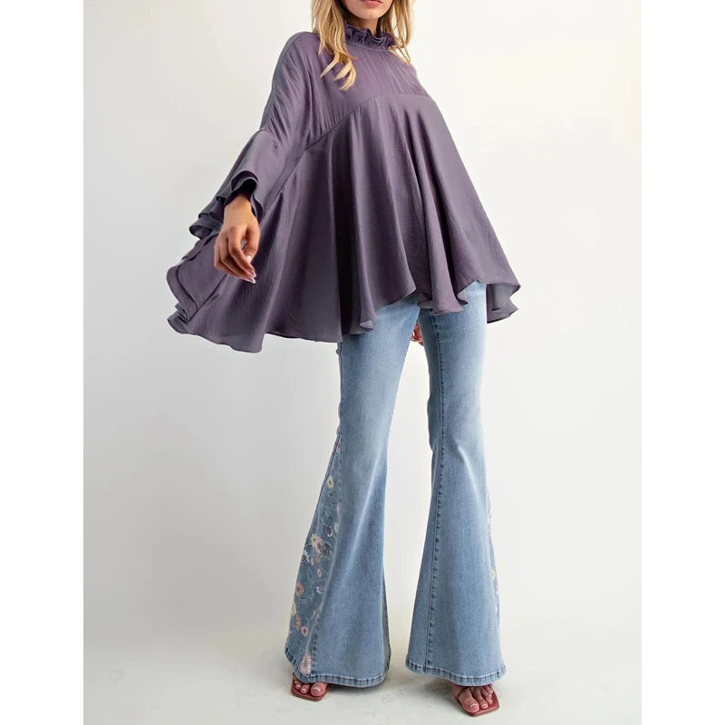 Women's Loose Fit Tops Fashionable Solid Color Long Sleeve Round Neck Irregular Ruffles Layered Blouses for Casual Daily Wear