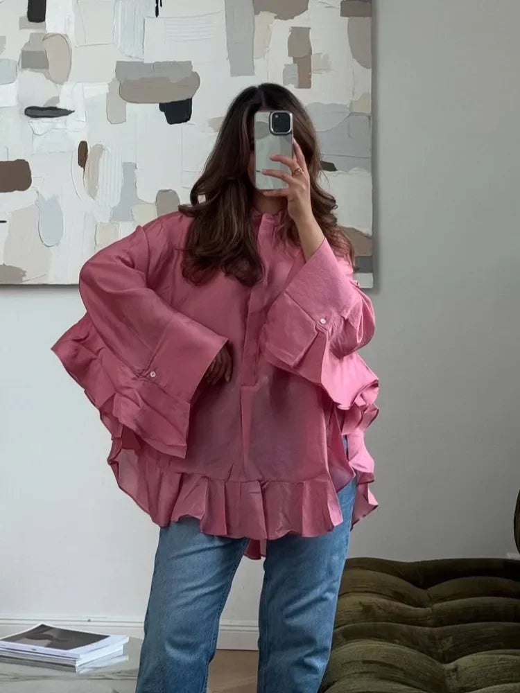 Women Solid Elegant Chiffon Ruffled Shirt Fashion Pink Single Breasted Loose Casual Shirts Lady Daily Chic Commute Office Tops