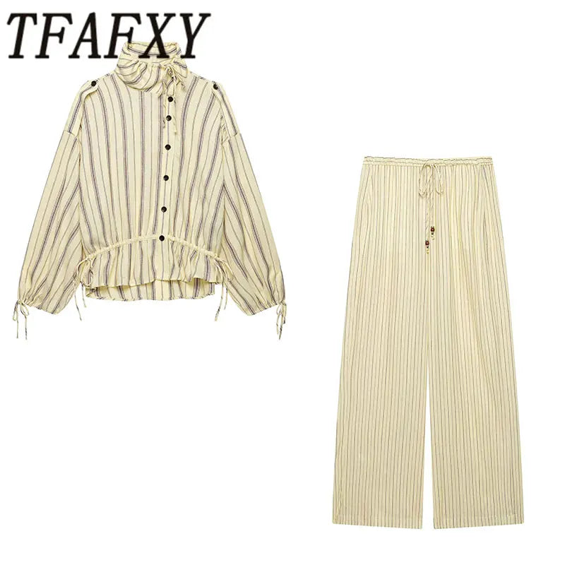 TFAFXY 2026 Autumn Women's Elegant Striped Blazer Suit Loose Button Blazer Wide-leg Pants Fashion Pants Set