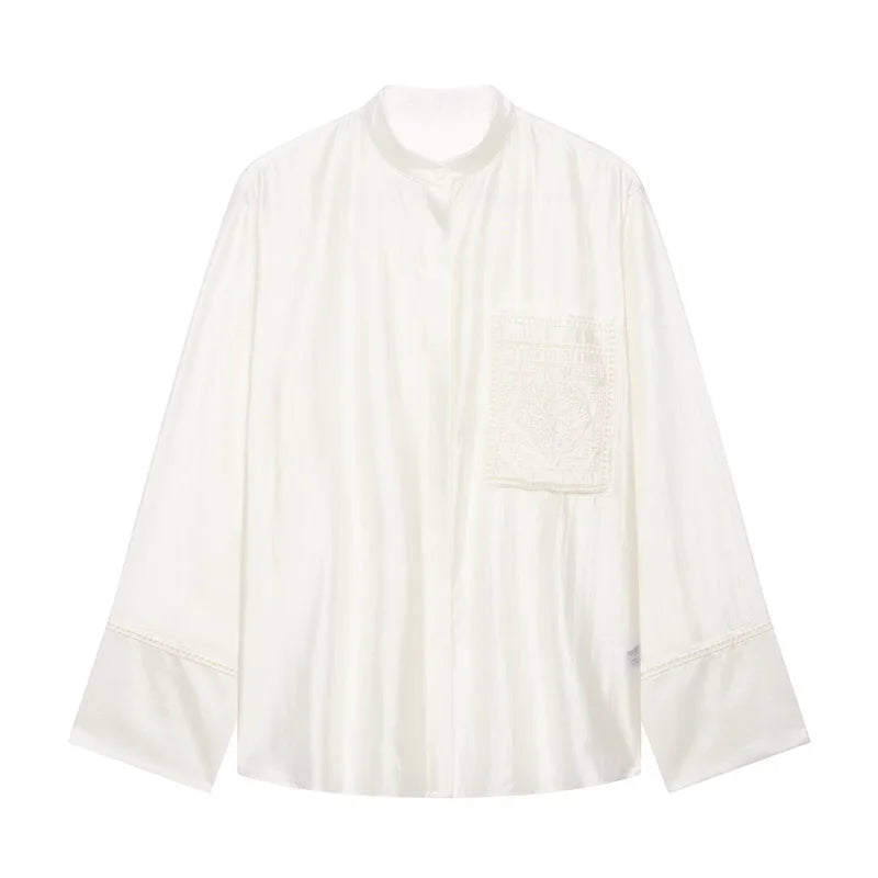 Guobioziy Women's Shirt 2026 Summer New Solid Color Long Sleeve Embroidered Pocket Loose Shirt Elegant Stylish Simple Fashion