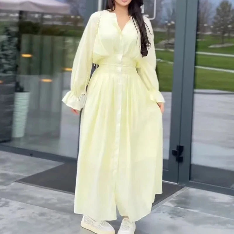 FL Summer New Women Slim Elegant Solid Waist Cinched Button Long Dress Soft Light Breathable Chic Daily Casual Beach Holiday
