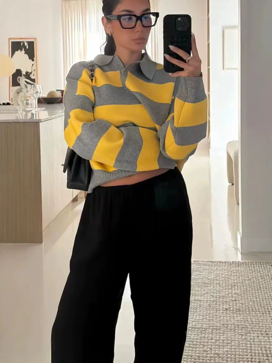 2026 Autumn Winter Two-tone Striped Turn-down Collar Pullovers Women Fashion Long Sleeve Knit Sweaters