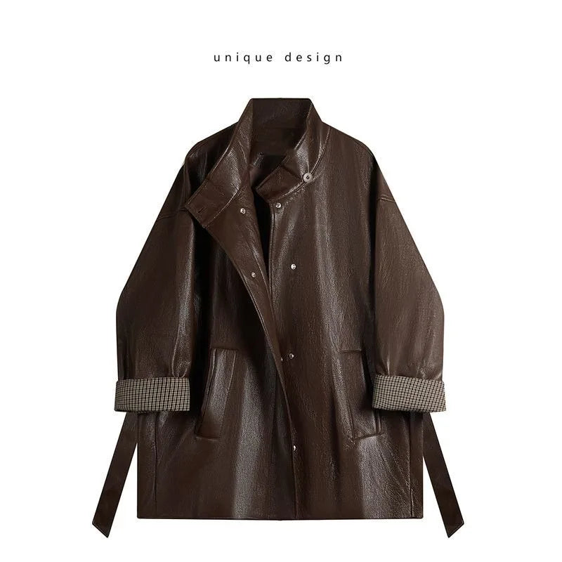 Maillard Coffee Color Design tie up Slimming Leather Jacket 2025Autumn New Loose Solid Color Outfit Korean Outerwear top Commute