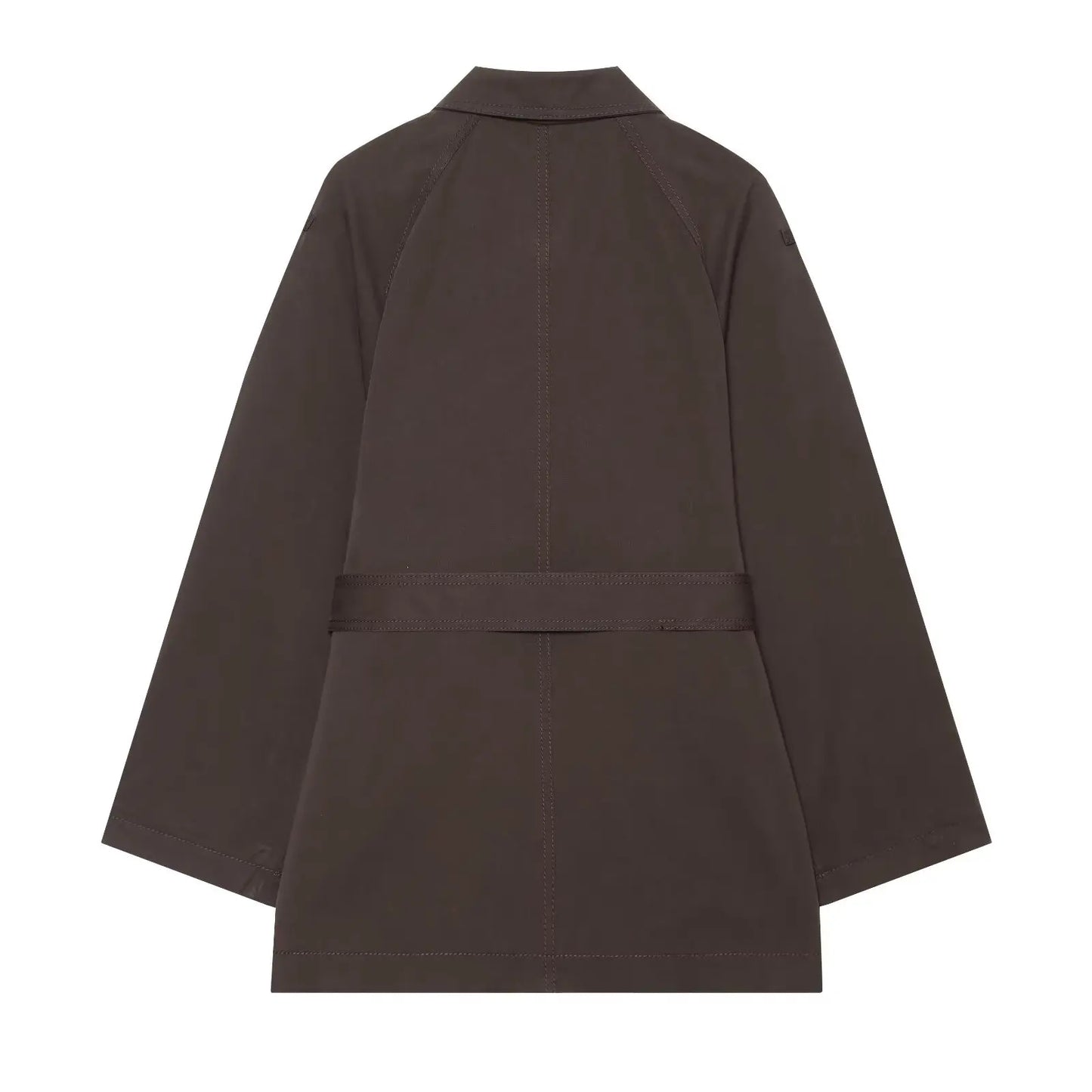 BSAY 2026 Minimalist Commuter Women Short Trench Coat Lapel Shoulder Epaulets Self Tie Belt Waist Casual Long Sleeve Wind Jacket