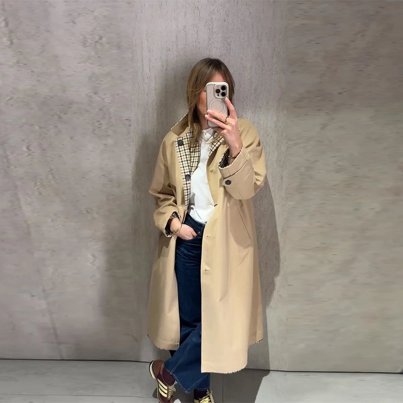 Women Casual Plaid Windbreaker Turn-down Collar Long Sleeve Belt Waist Jacket 2026 Spring Fashion High Street Lady Commute Coat