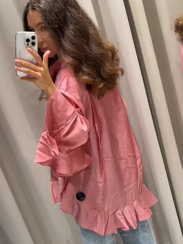 Women Solid Elegant Chiffon Ruffled Shirt Fashion Pink Single Breasted Loose Casual Shirts Lady Daily Chic Commute Office Tops