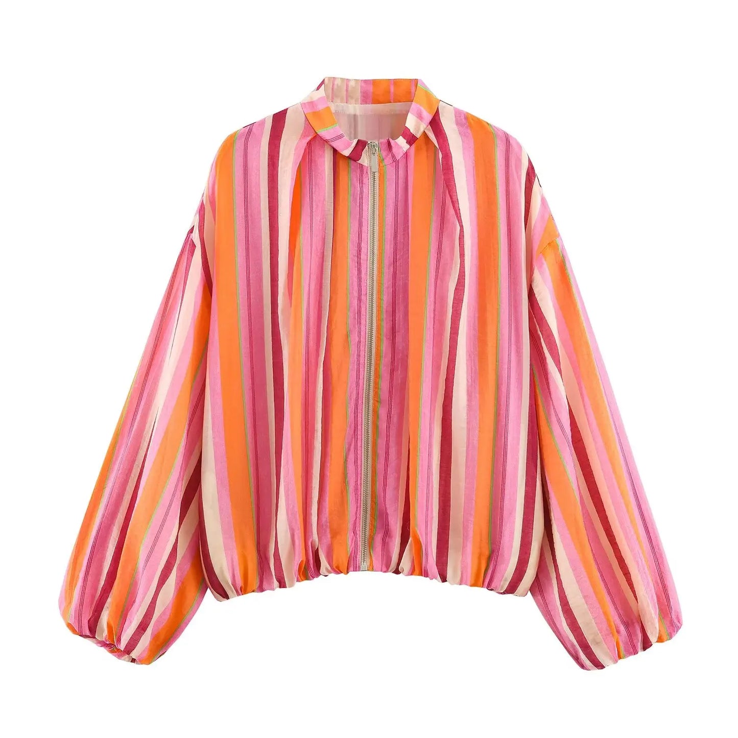 TFMLN Women's Bomber Jacket Multicolored Striped Long Sleeves Loose Jackets High Collar Striped Zipper Jackets and Elastic Trims