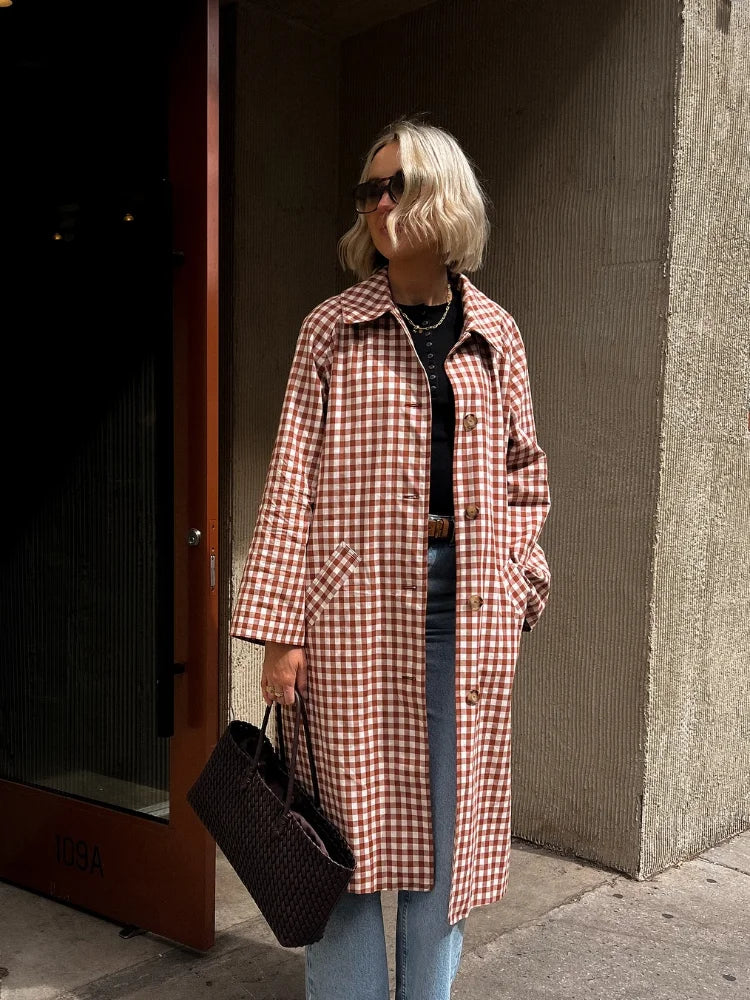 Red Plaid Long Trench Coat Casual Lapel Single Breasted Full Sleeve Windbreaker Jacket Y2k 2026 Autumn New Lady Streetwear
