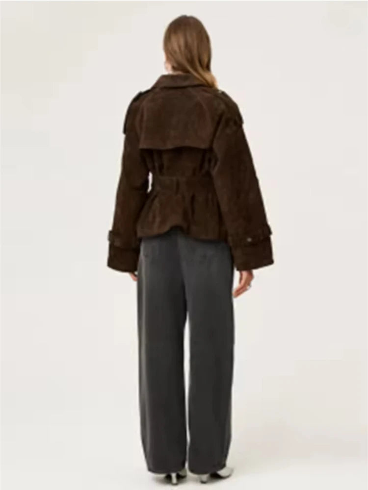 Fashion Suede Women's Jacket With Belt Brown Full Sleeve Turn-down Collar Lace Up Female Jackets 2026 Autumn Winter Lady Outwear