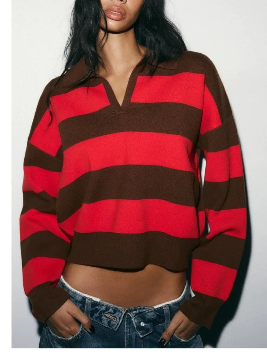 2026 Autumn Winter Two-tone Striped Turn-down Collar Pullovers Women Fashion Long Sleeve Knit Sweaters