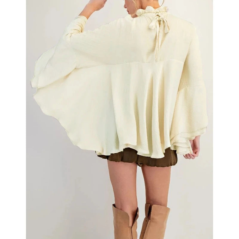 Women's Loose Fit Tops Fashionable Solid Color Long Sleeve Round Neck Irregular Ruffles Layered Blouses for Casual Daily Wear