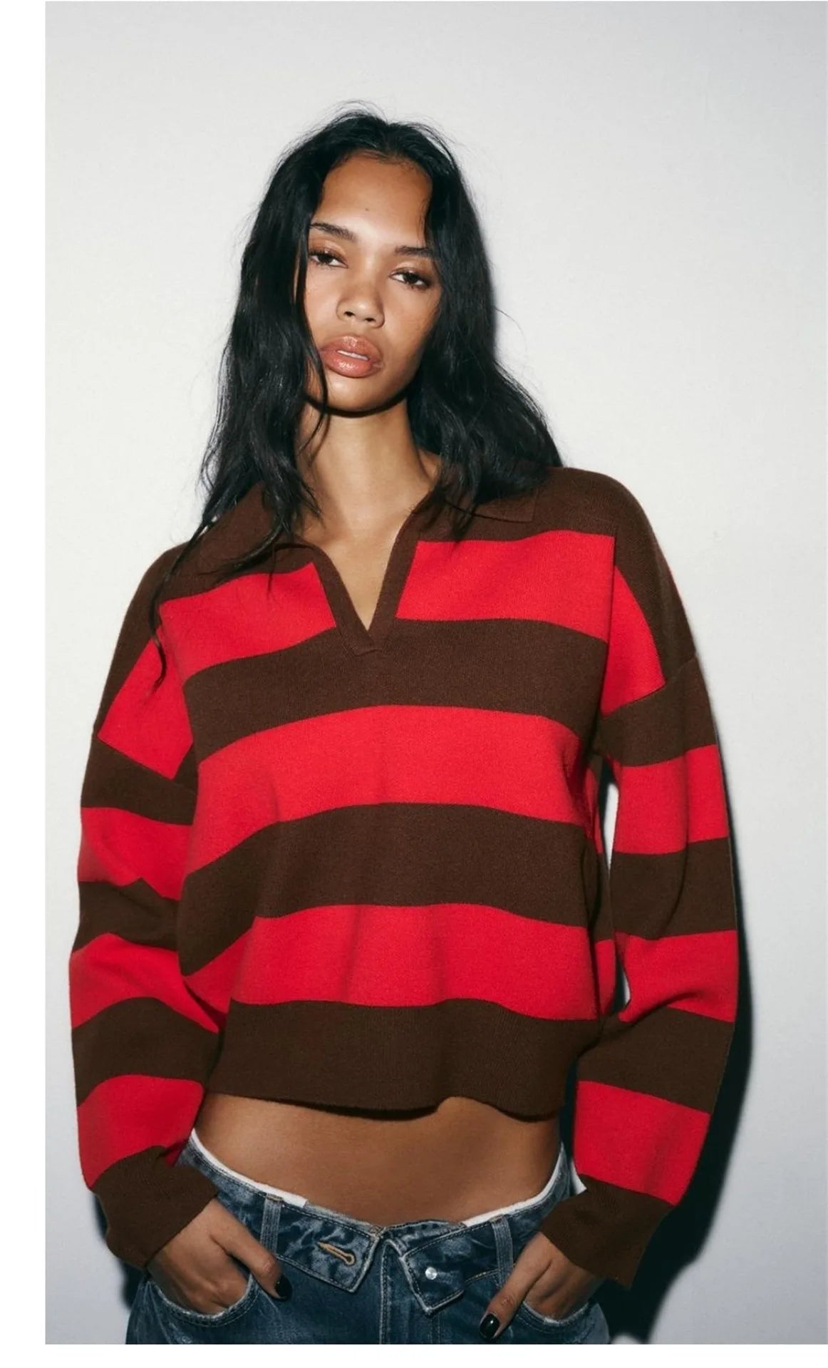 2026 Autumn Winter Two-tone Striped Turn-down Collar Pullovers Women Fashion Long Sleeve Knit Sweaters